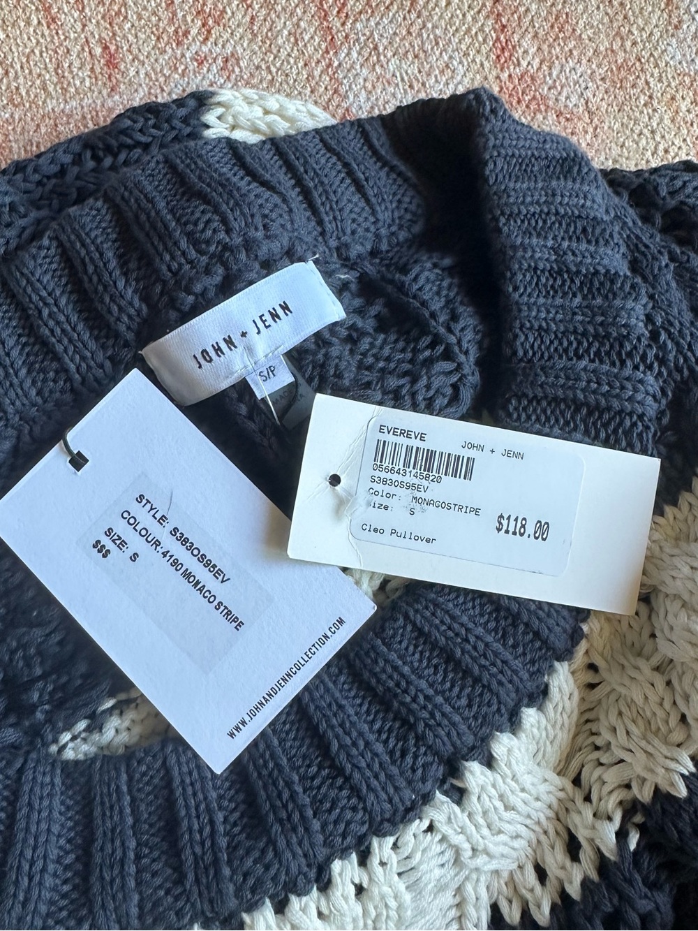 NWT John + Jenn Wes pullover chunky knit 100% cotton sweater navy ivory size S - Picture 3 of 6